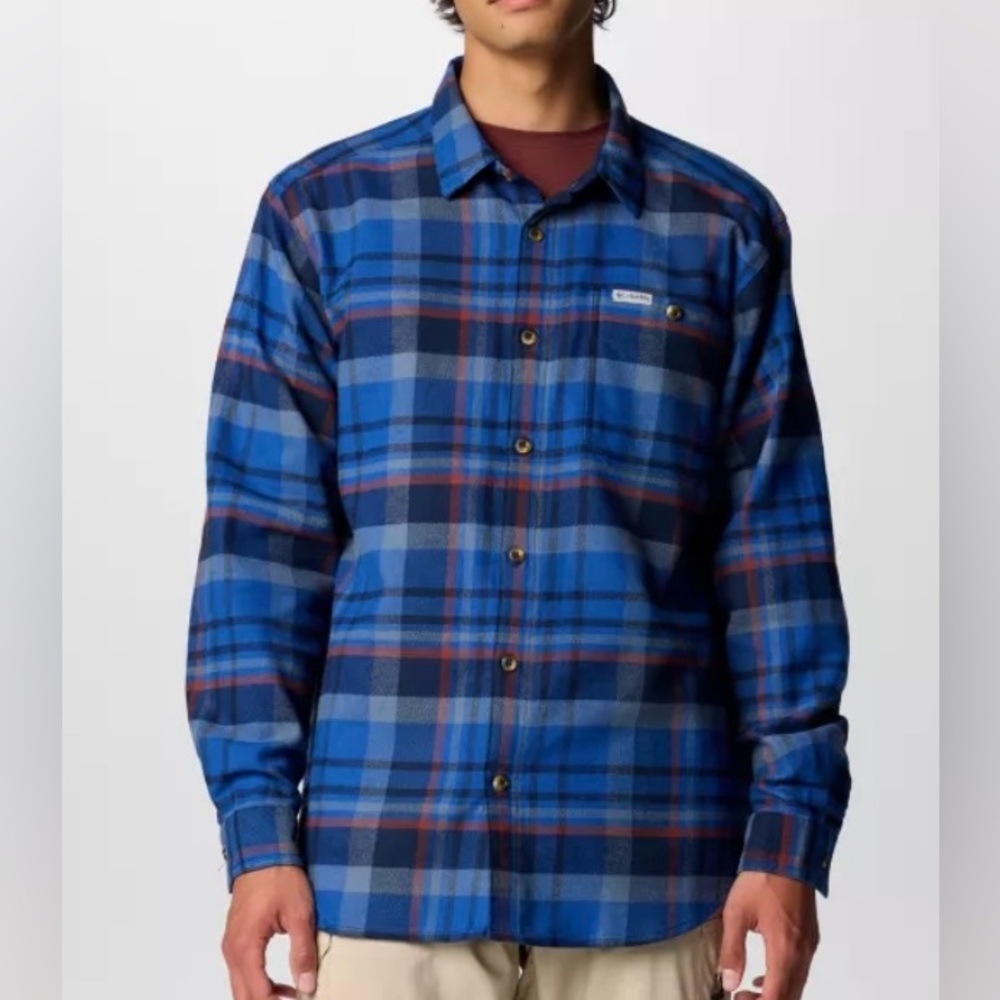 Columbia Men’s Pitchstone Heavyweight Flannel Blue Plaid Button Down Shirt